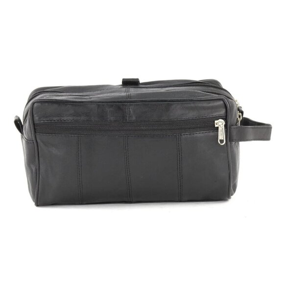 Men's Genuine Leather Double Zipper Top Shaving Kit Toiletry Travel Case Black - Picture 1 of 6